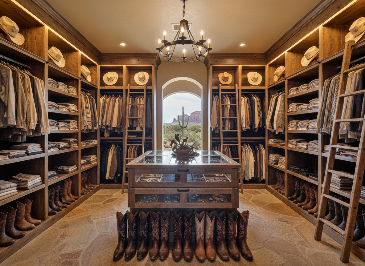 organizational photo in a large Texas closet, well-lit, neatly arranged shelves, hats, boots, and accessories, rustic style