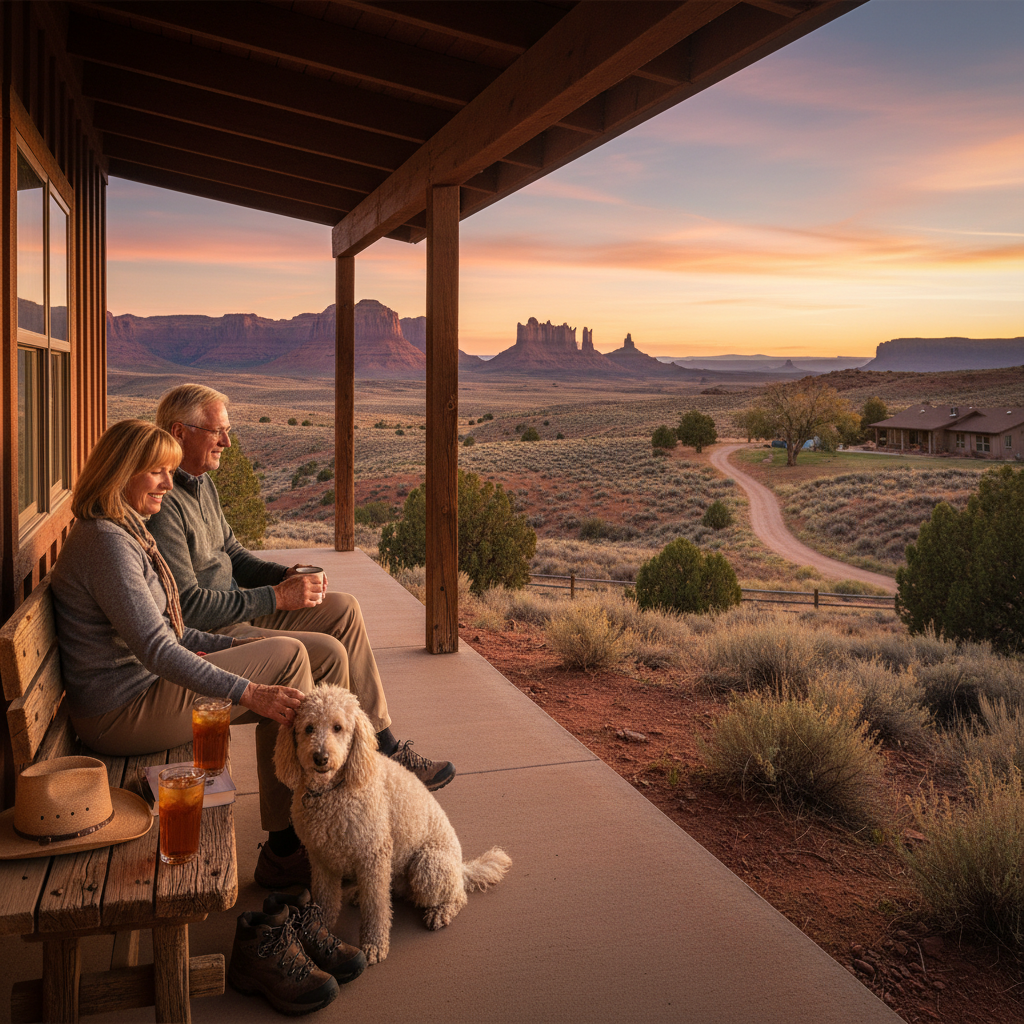 retirement lifestyle with poodle and western landscape