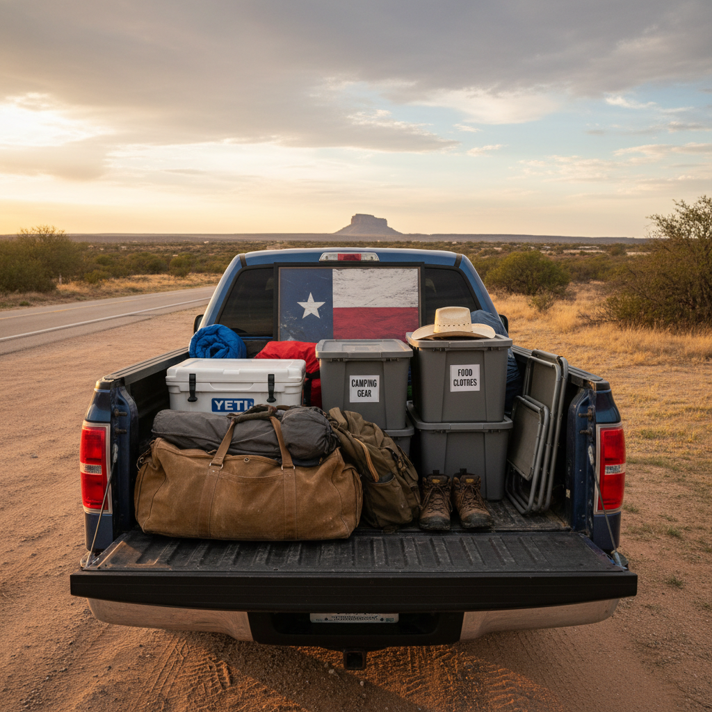 back of a Ford truck packed neatly for a road trip in Texas